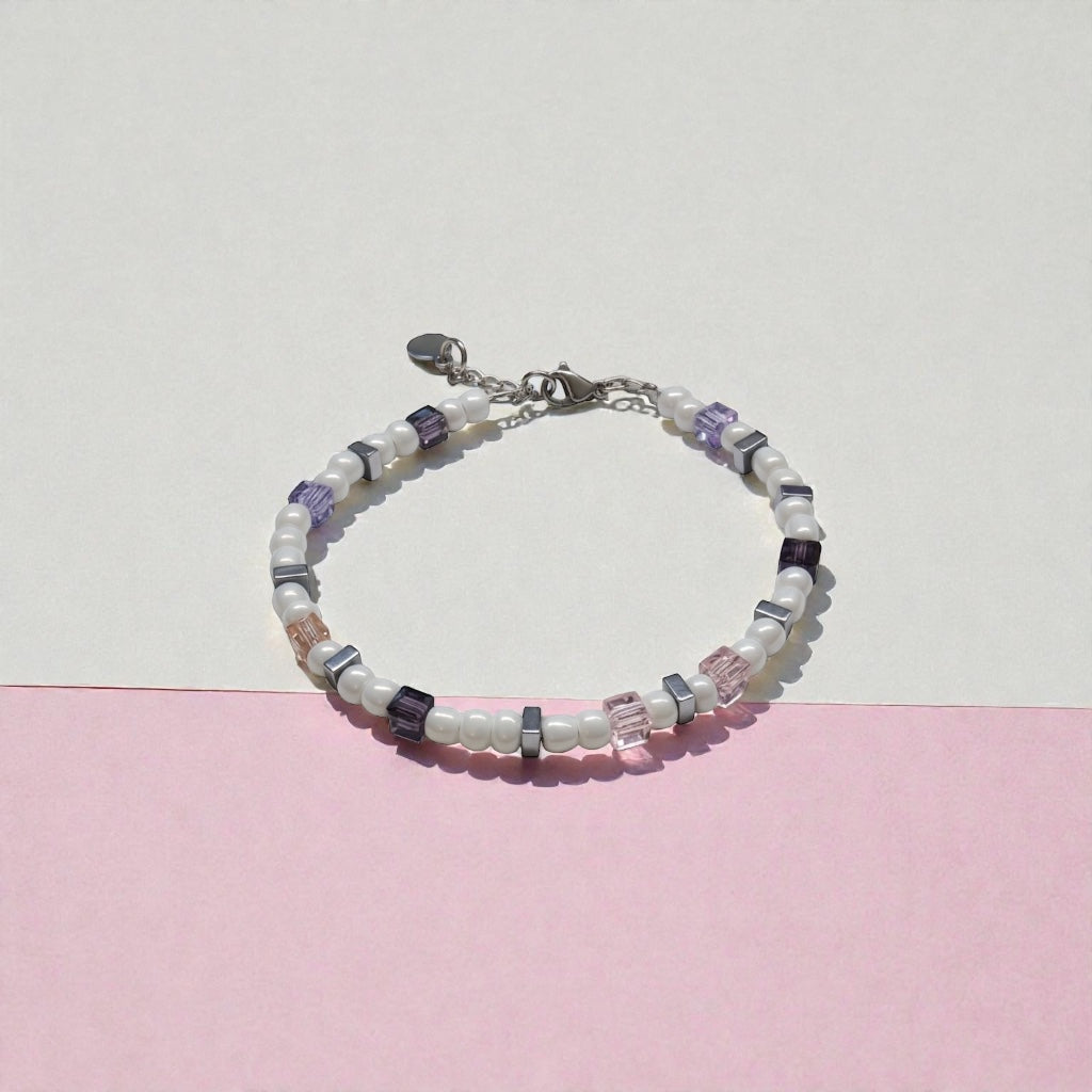 Armband 4mm Beads in Weiß Lila Rosa Würfeln
