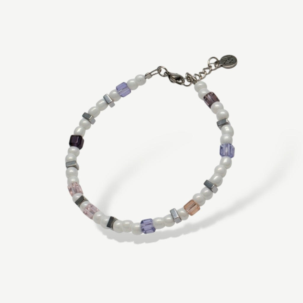 Armband 4mm Beads in Weiß Lila Rosa Würfeln